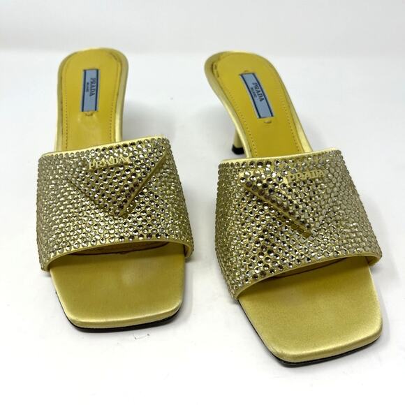 Prada Crystal Embellished Satin Mules Butter Yellow Triangle Logo Open Toe 37.5 - Picture 9 of 9